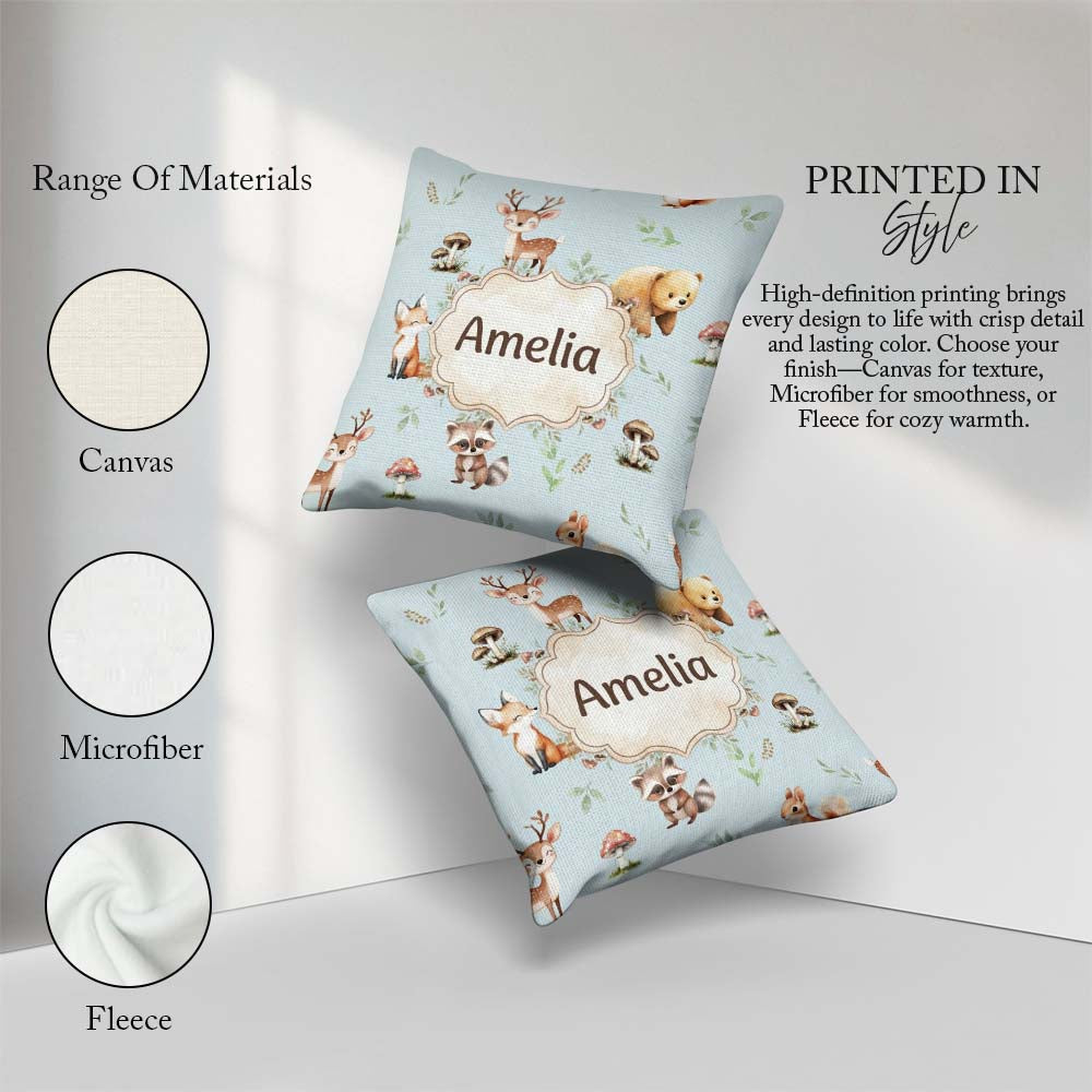 Custom Name Woodland Deer Bear Fox Raccoon Leaves Mushrooms Blue Square Filled Cushion Throw Pillow Sofa Bed Home Decor Zip Washable UK Made