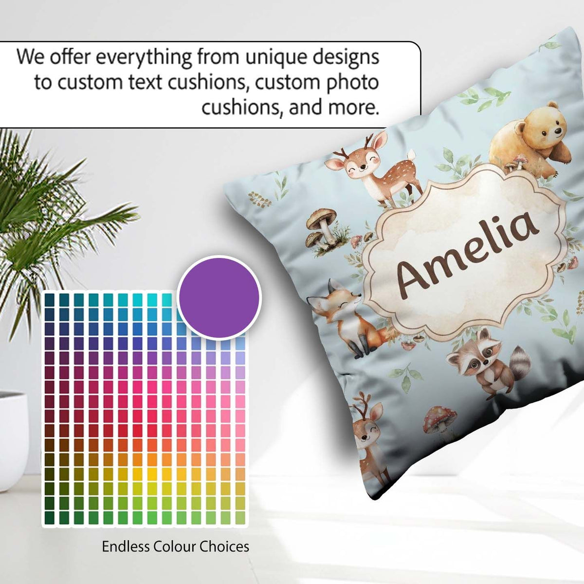 Custom Name Woodland Deer Bear Fox Raccoon Leaves Mushrooms Blue Square Filled Cushion Throw Pillow Sofa Bed Home Decor Zip Washable UK Made
