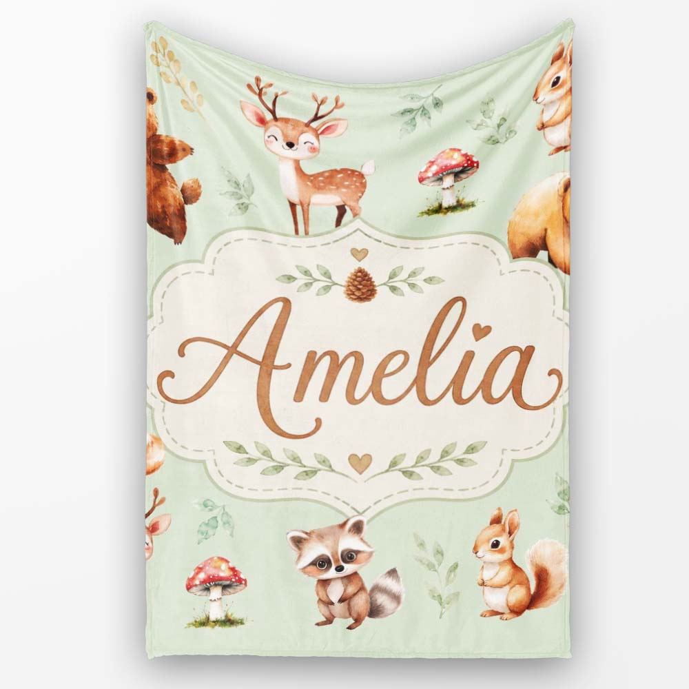 Woodland Deer Bear Fox Owl Raccoon Leaves Mushrooms Sage Green Personalised Custom Name Super Soft Fleece Blanket Bed Sofa Throw
