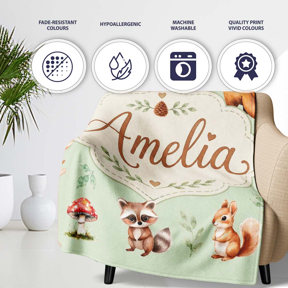 Woodland Deer Bear Fox Owl Raccoon Leaves Mushrooms Sage Green Personalised Custom Name Super Soft Fleece Blanket Bed Sofa Throw