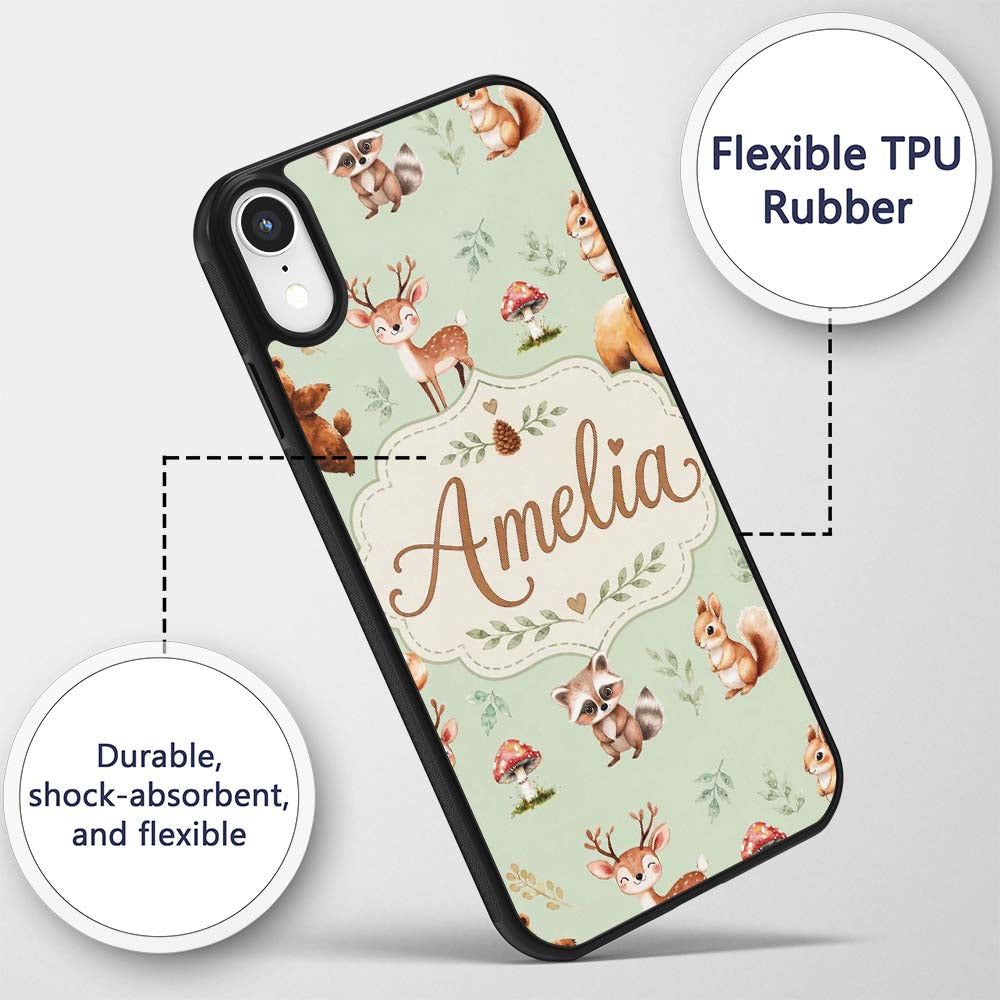 Woodland Deer Bear Fox Owl Raccoon Printed Design Custom Name Protective Phone Case Mobile Cover Durable Everyday Smartphone Shock Resistant