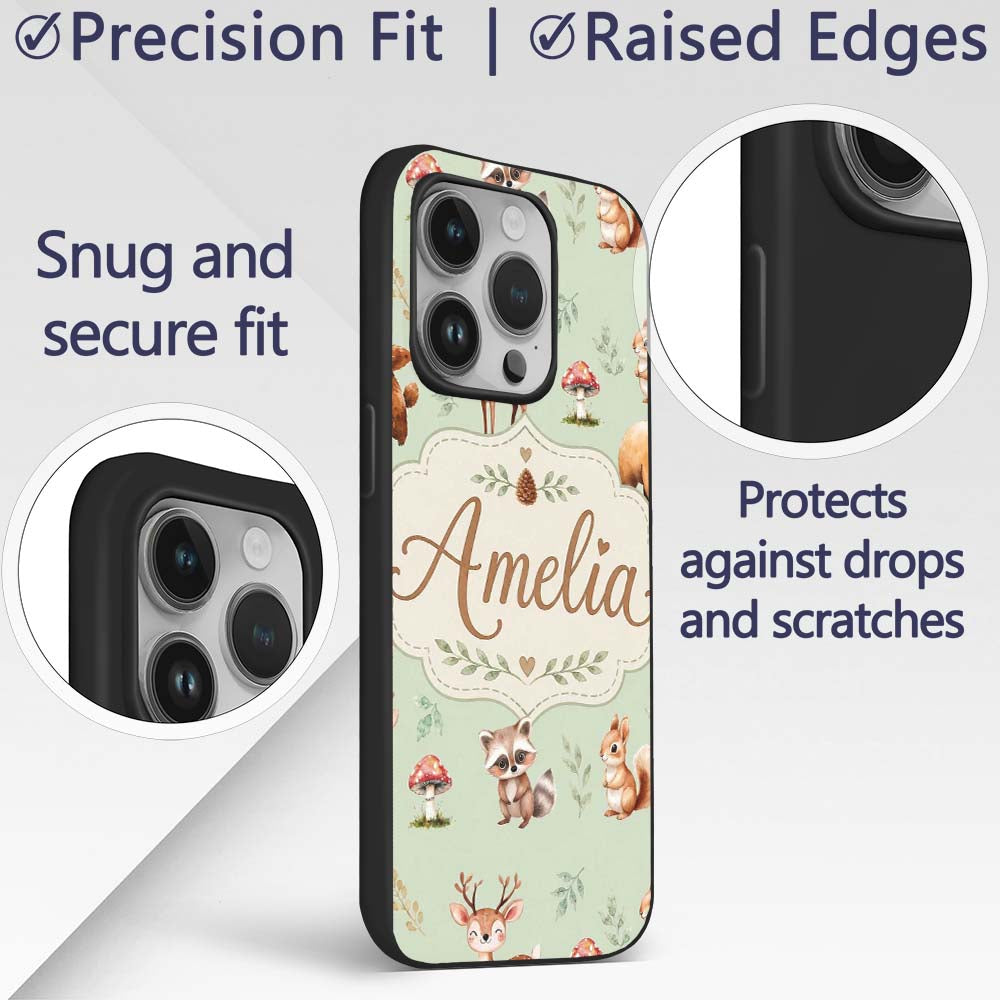 Woodland Deer Bear Fox Owl Raccoon Printed Design Custom Name Protective Phone Case Mobile Cover Durable Everyday Smartphone Shock Resistant