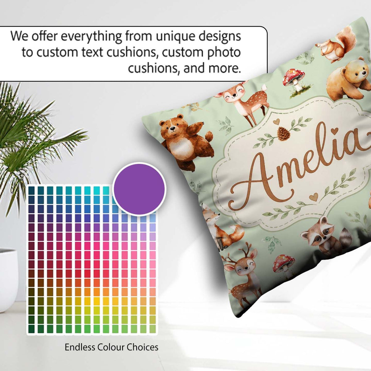 Custom Name Woodland Deer Bear Fox Owl Raccoon Leaves Sage Green Square Filled Cushion Throw Pillow Sofa Bed Home Decor Zip Washable UK Made