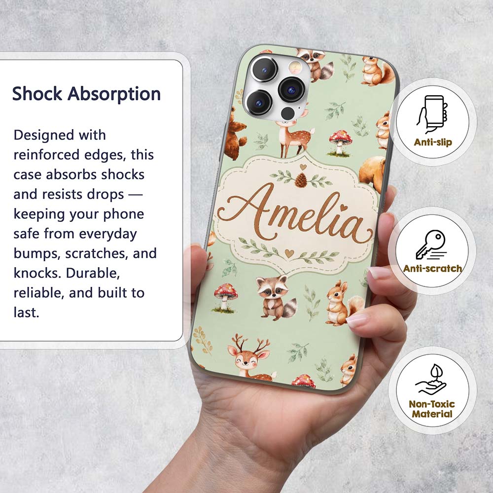 Woodland Deer Bear Fox Owl Raccoon Printed Design Custom Name Protective Phone Case Mobile Cover Durable Everyday Smartphone Shock Resistant
