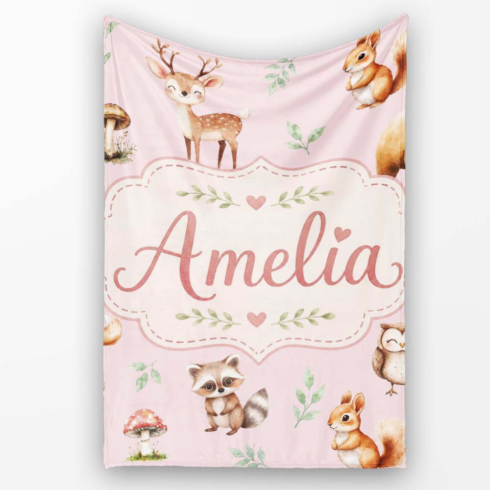 Woodland Deer Bear Fox Owl Raccoon Leaves Mushrooms Soft Pink Personalised Custom Name Super Soft Fleece Blanket Bed Sofa Throw