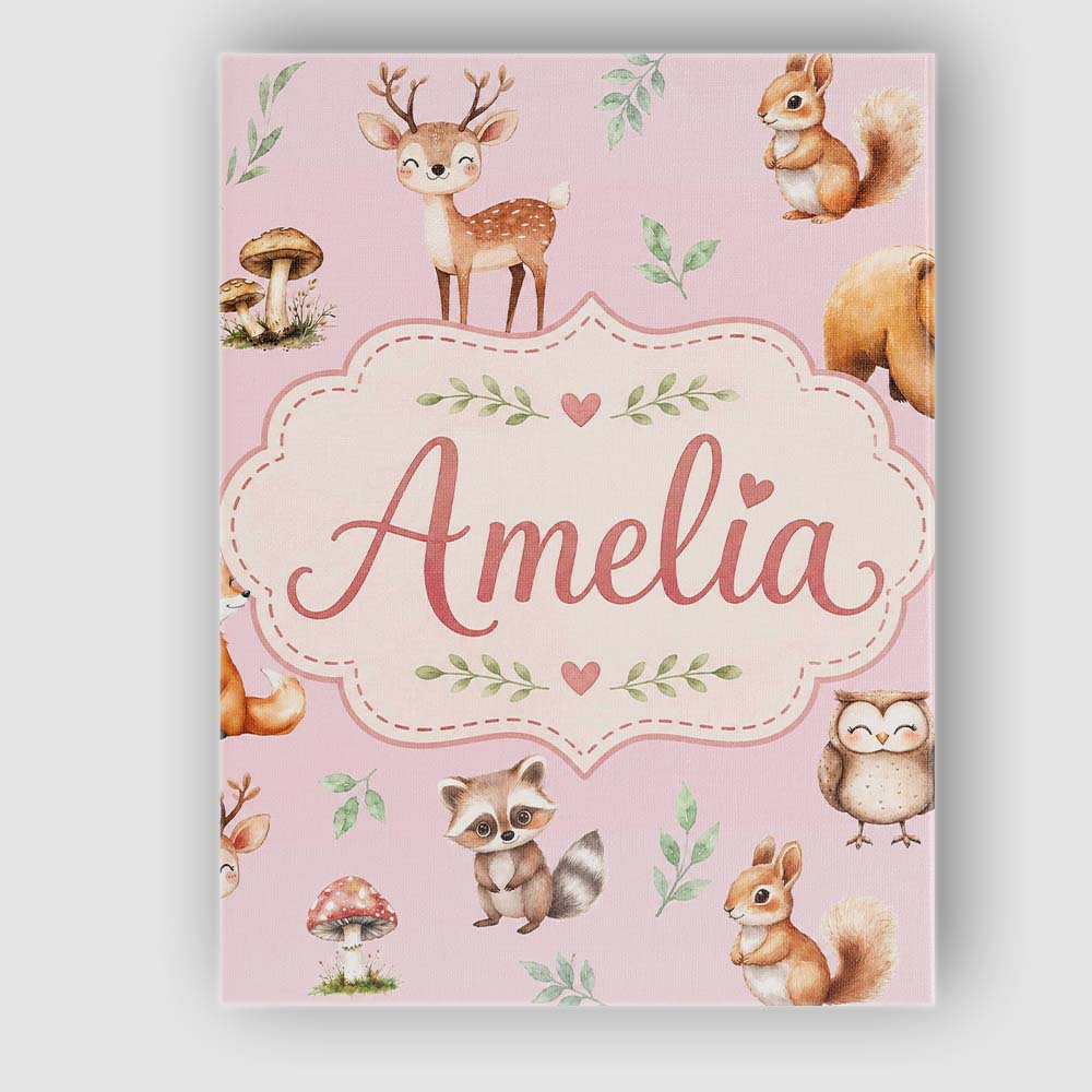 Personalised Name Woodland Deer Bear Fox Custom Unique Gift Idea Elegant Feature Canvas Wall Art Print Decor Picture Ready to Hang