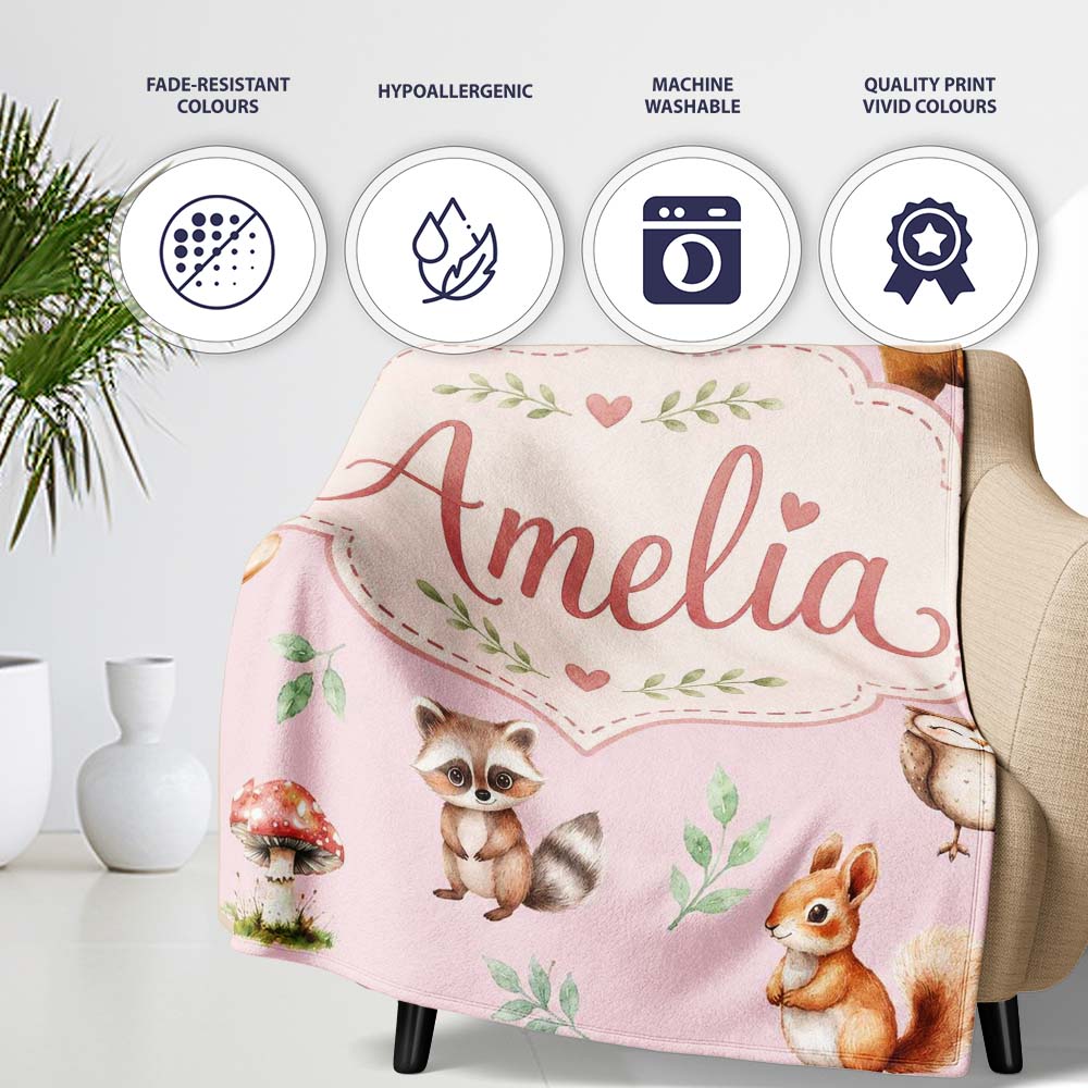 Woodland Deer Bear Fox Owl Raccoon Leaves Mushrooms Soft Pink Personalised Custom Name Super Soft Fleece Blanket Bed Sofa Throw