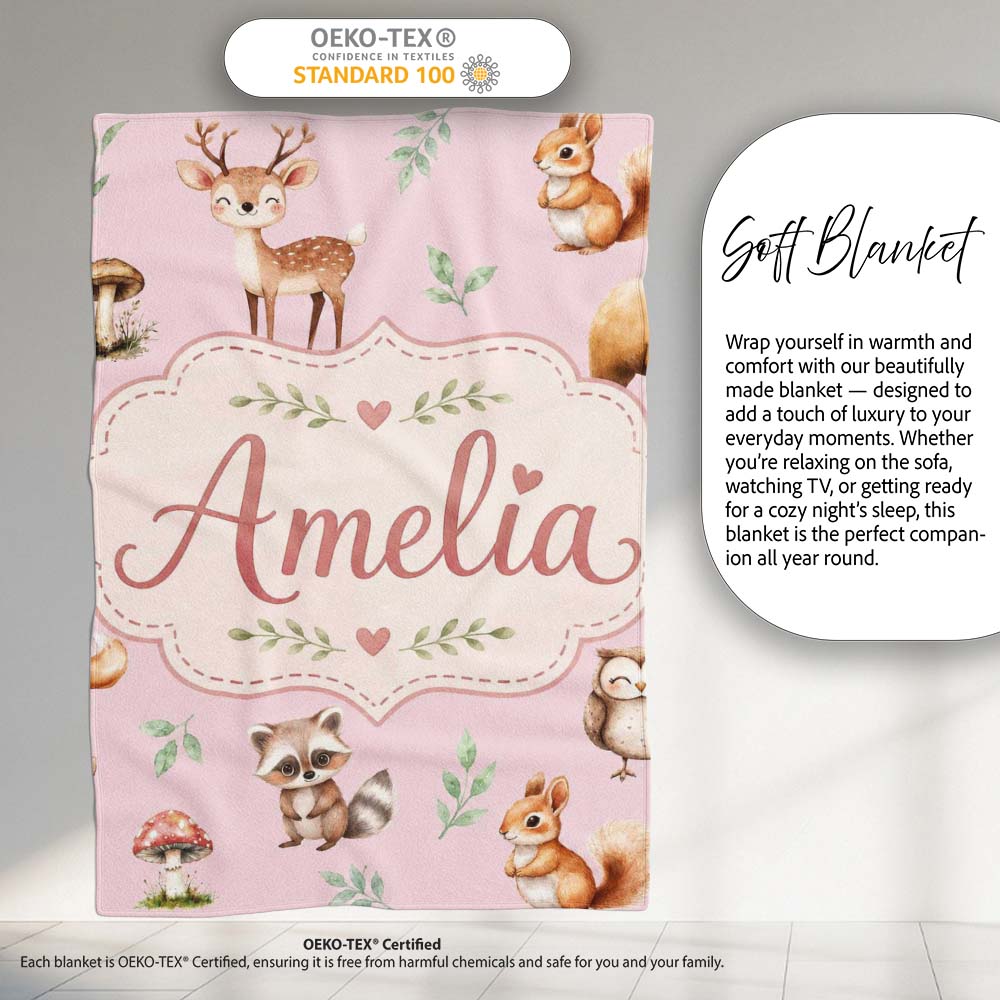 Woodland Deer Bear Fox Owl Raccoon Leaves Mushrooms Soft Pink Personalised Custom Name Super Soft Fleece Blanket Bed Sofa Throw
