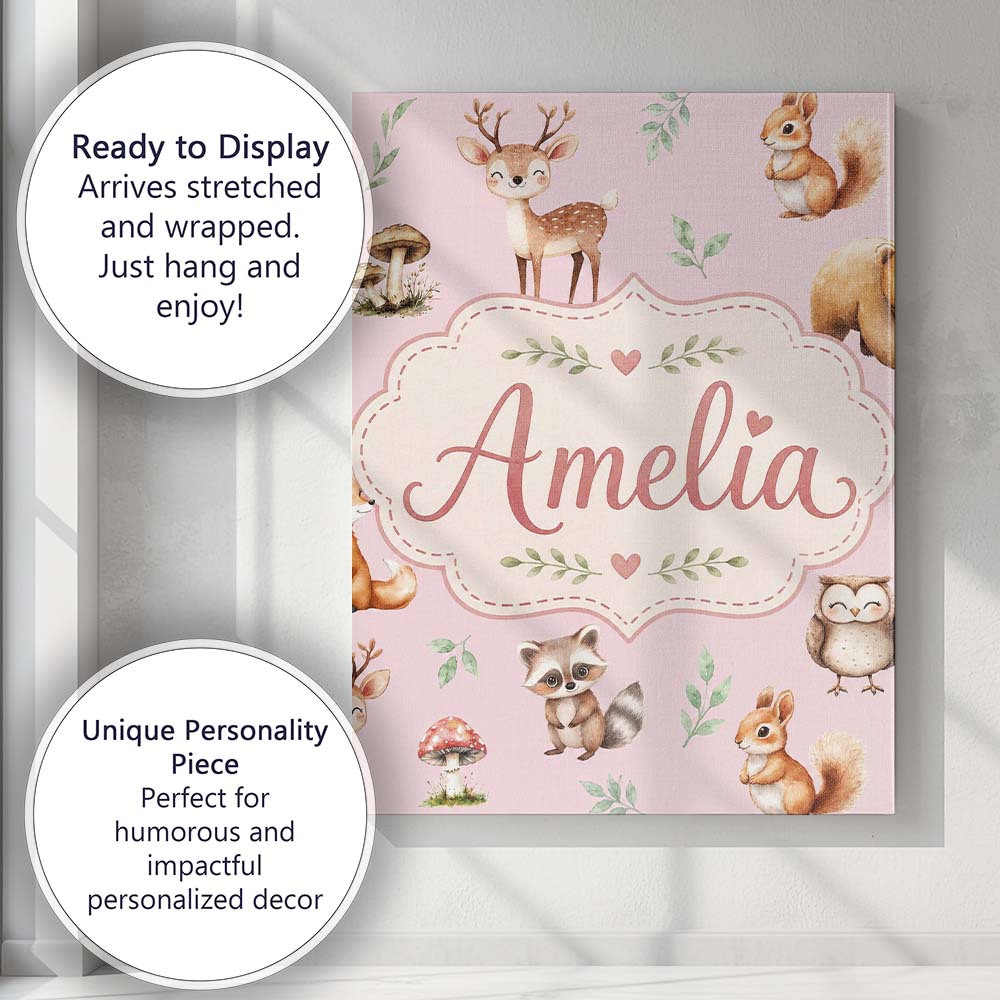 Personalised Name Woodland Deer Bear Fox Custom Unique Gift Idea Elegant Feature Canvas Wall Art Print Decor Picture Ready to Hang