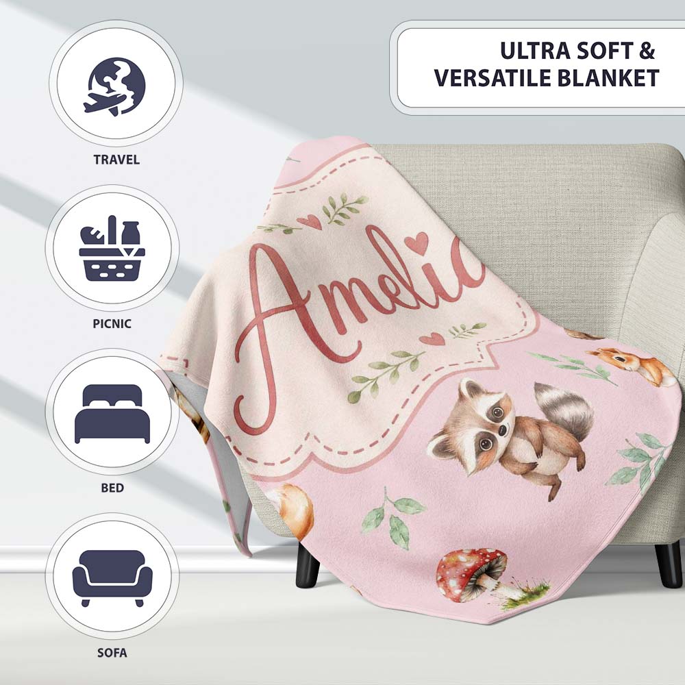 Woodland Deer Bear Fox Owl Raccoon Leaves Mushrooms Soft Pink Personalised Custom Name Super Soft Fleece Blanket Bed Sofa Throw