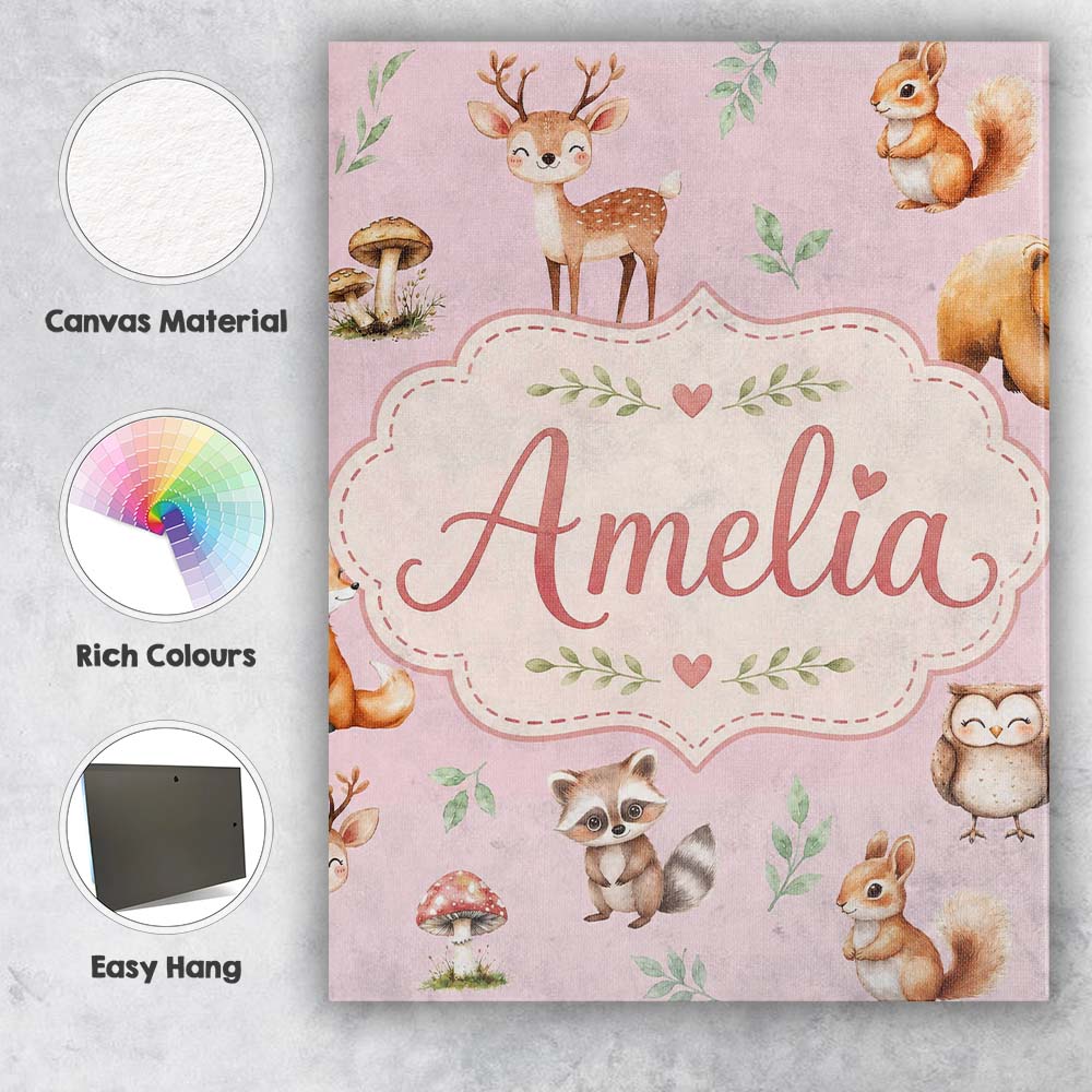 Personalised Name Woodland Deer Bear Fox Custom Unique Gift Idea Elegant Feature Canvas Wall Art Print Decor Picture Ready to Hang