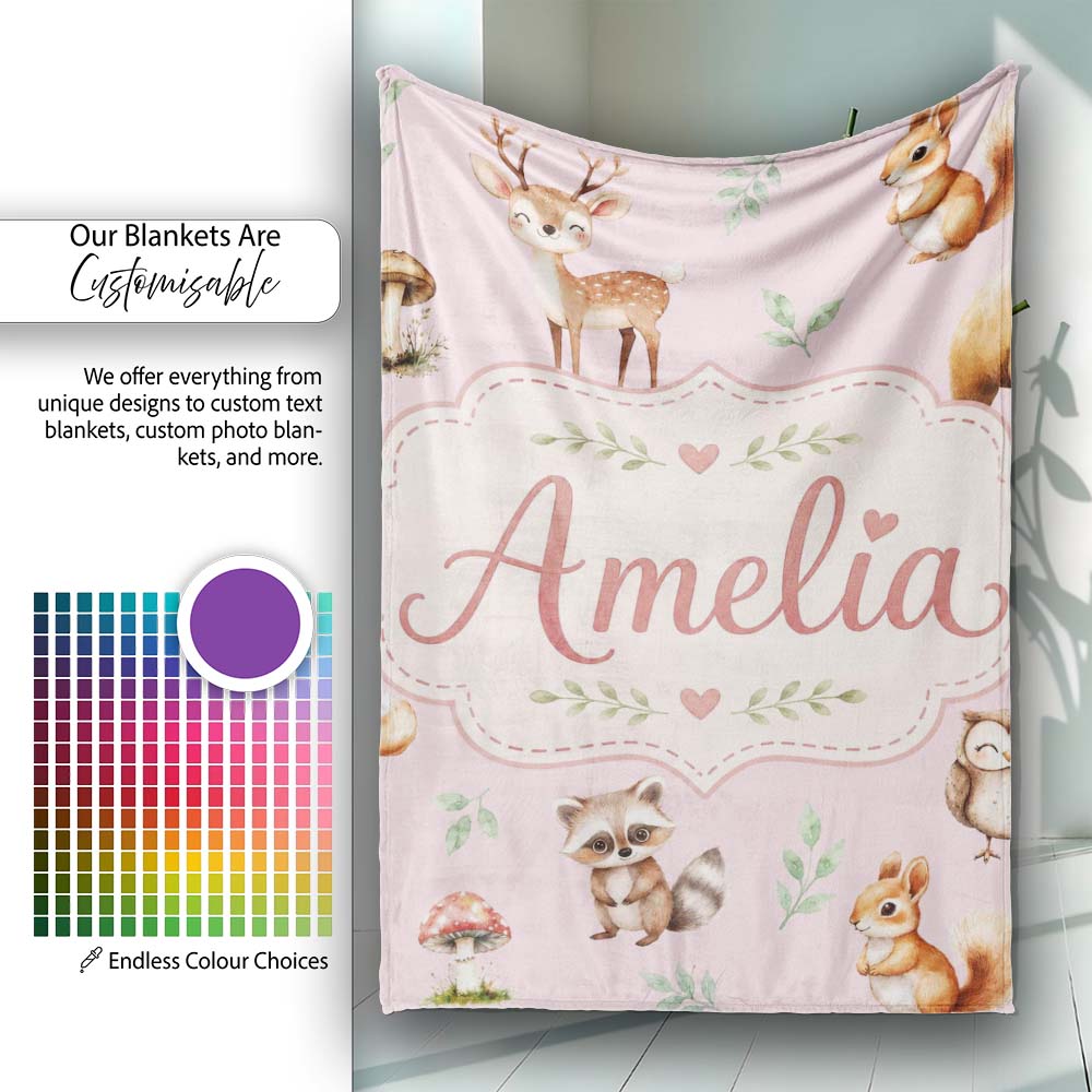 Woodland Deer Bear Fox Owl Raccoon Leaves Mushrooms Soft Pink Personalised Custom Name Super Soft Fleece Blanket Bed Sofa Throw