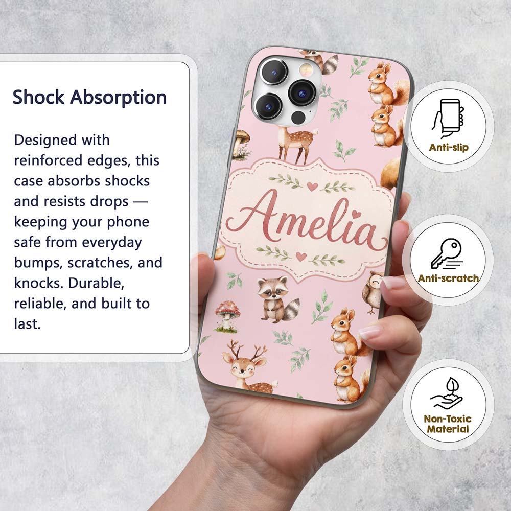 Woodland Deer Bear Fox Owl Raccoon Printed Design Custom Name Protective Phone Case Mobile Cover Durable Everyday Smartphone Shock Resistant