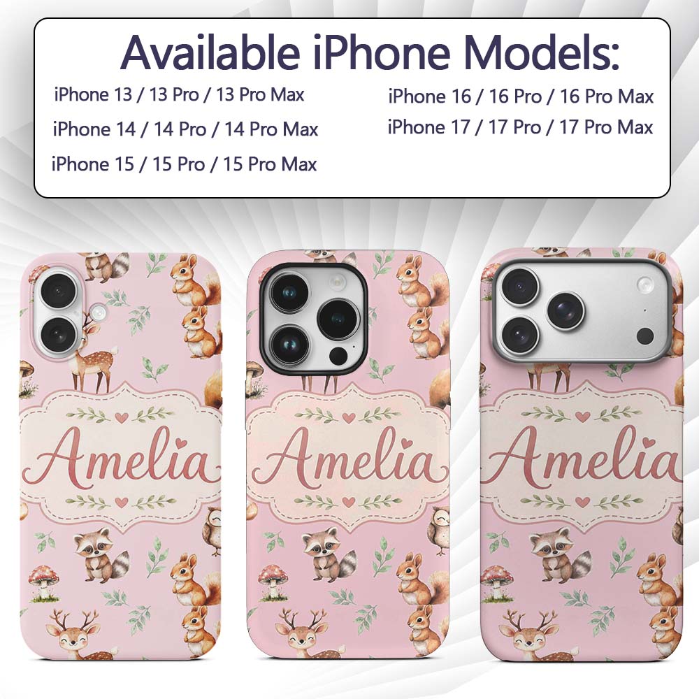 Woodland Deer Bear Fox Owl Raccoon Printed Design Custom Name Protective Phone Case Mobile Cover Durable Everyday Smartphone Shock Resistant