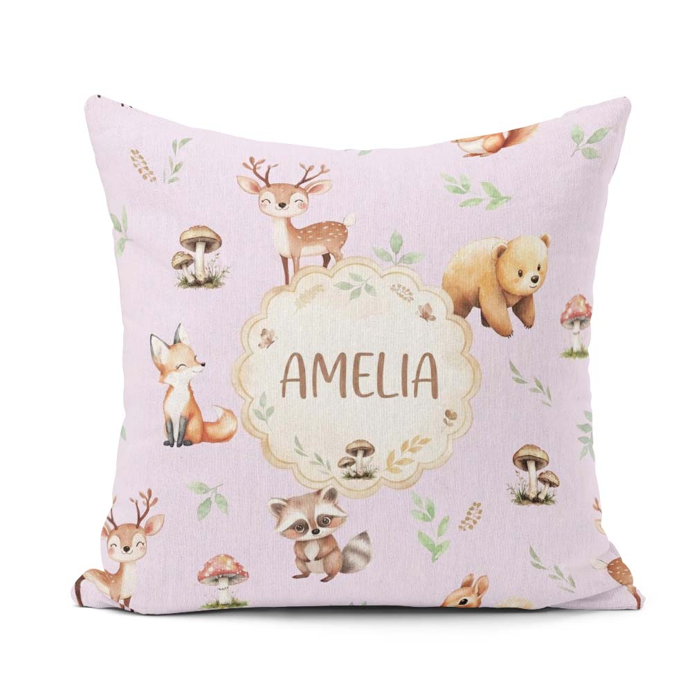 Custom Name Woodland Deer Fox Owl Raccoon Leaves Mushrooms Lilac Square Filled Cushion Throw Pillow Sofa Bed Home Decor Zip Washable UK Made