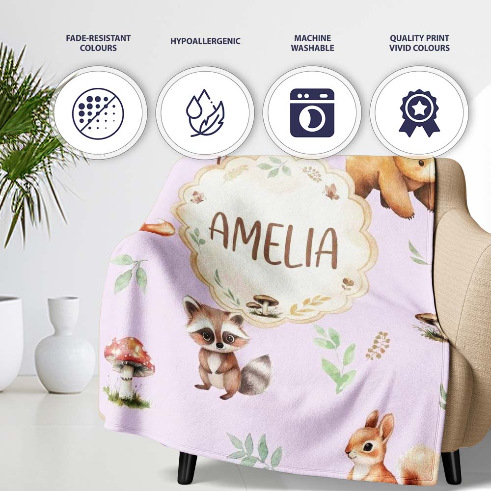 Woodland Deer Bear Fox Owl Raccoon Leaves Mushrooms Lilac Seamless Personalised Custom Name Super Soft Fleece Blanket Bed Sofa Throw