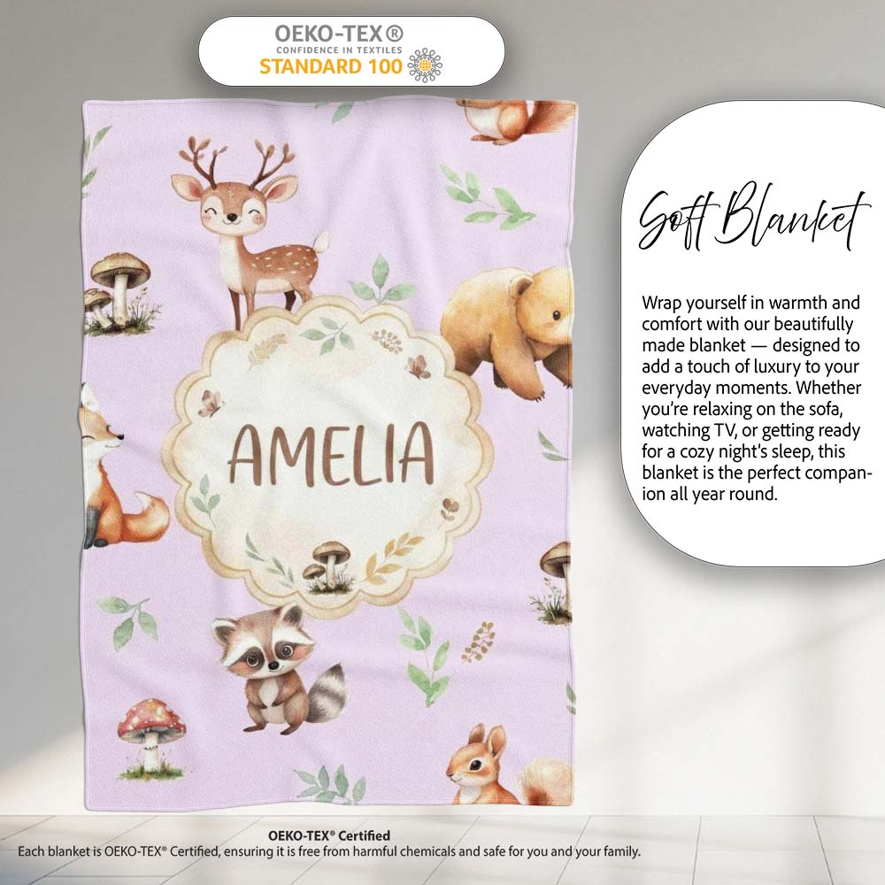 Woodland Deer Bear Fox Owl Raccoon Leaves Mushrooms Lilac Seamless Personalised Custom Name Super Soft Fleece Blanket Bed Sofa Throw