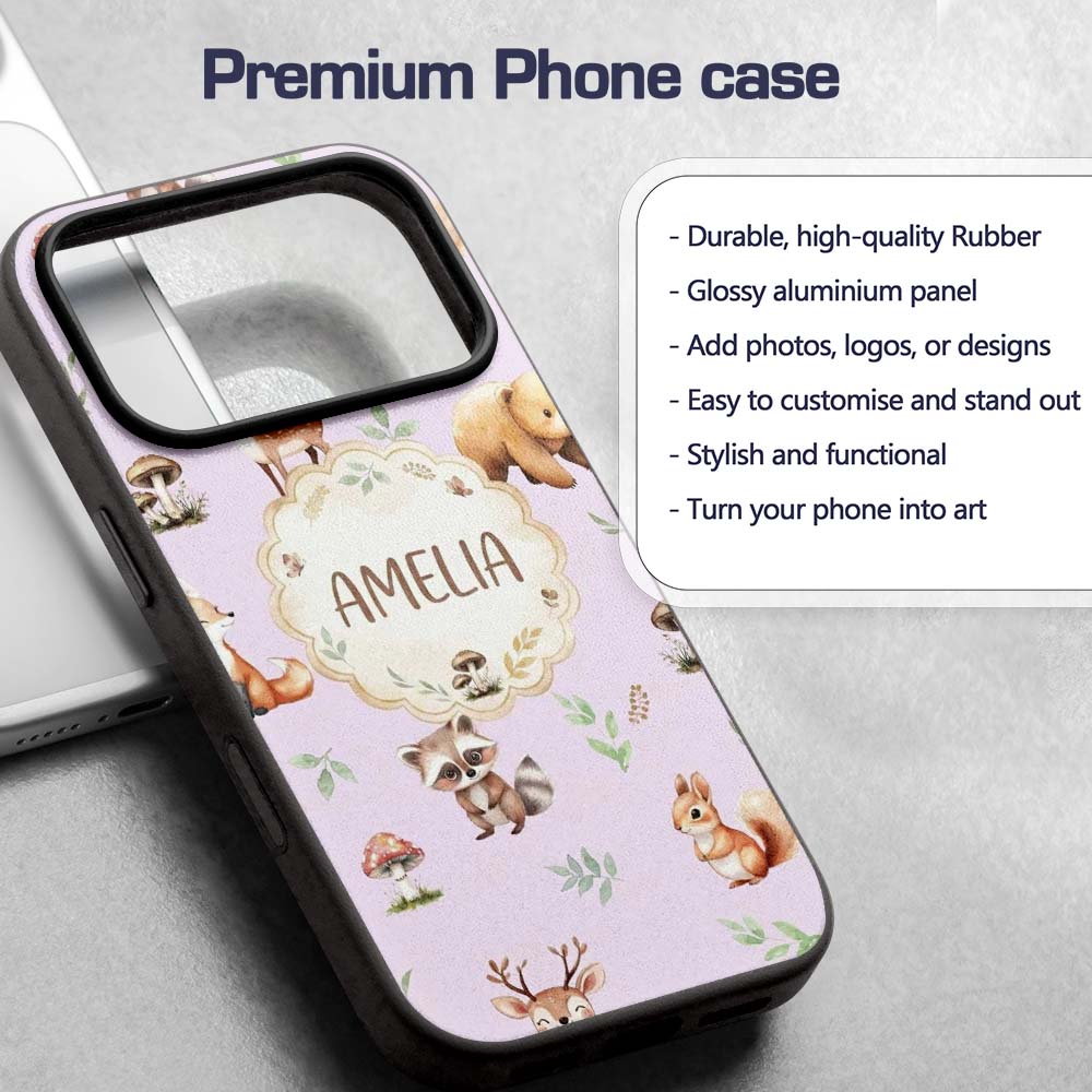 Woodland Deer Bear Fox Owl Raccoon Printed Design Custom Name Protective Phone Case Mobile Cover Durable Everyday Smartphone Shock Resistant