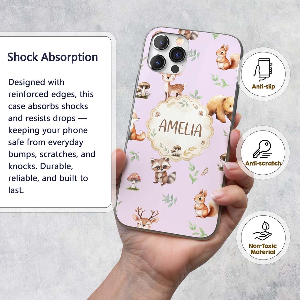 Woodland Deer Bear Fox Owl Raccoon Printed Design Custom Name Protective Phone Case Mobile Cover Durable Everyday Smartphone Shock Resistant