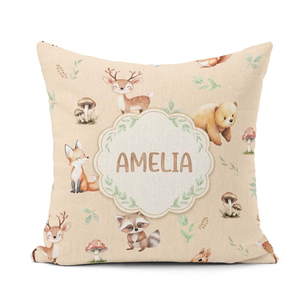 Custom Name Woodland Deer Fox Owl Raccoon Leaves Mushrooms Beige Square Filled Cushion Throw Pillow Sofa Bed Home Decor Zip Washable UK Made