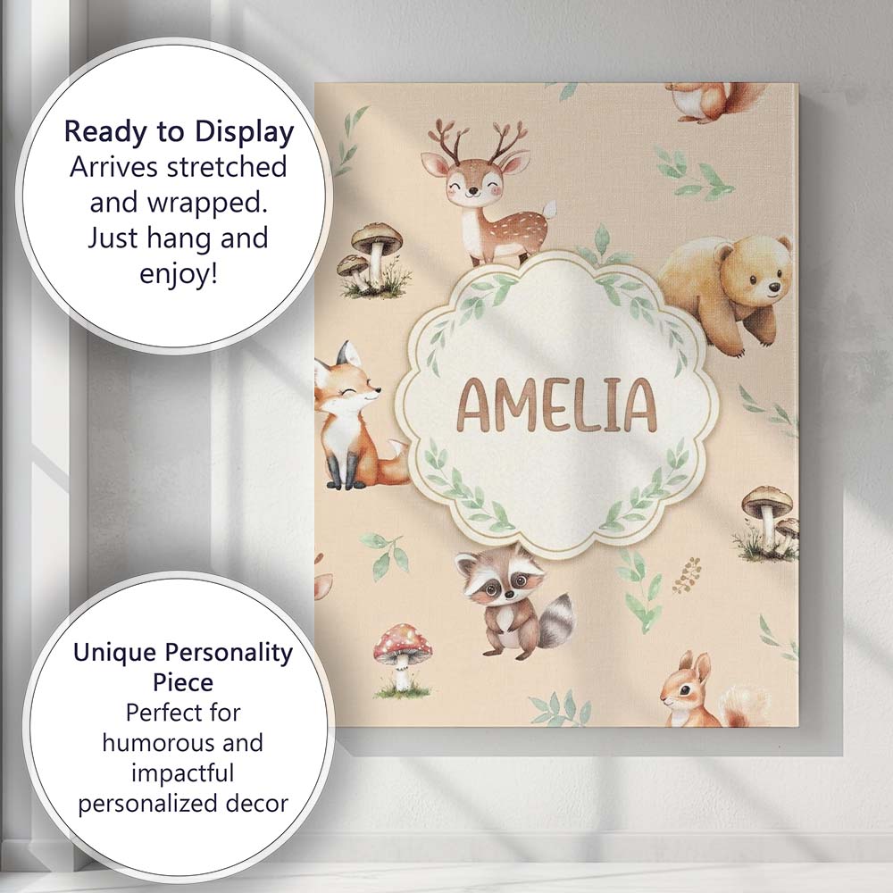 Personalised Name Woodland Deer Bear Fox Custom Unique Gift Idea Elegant Feature Canvas Wall Art Print Decor Picture Ready to Hang