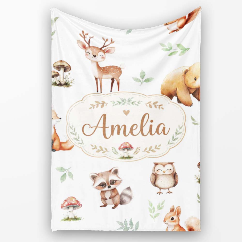 Woodland Deer Bear Fox Owl Raccoon Leaves Mushrooms Light Grey Personalised Custom Name Super Soft Fleece Blanket Bed Sofa Throw