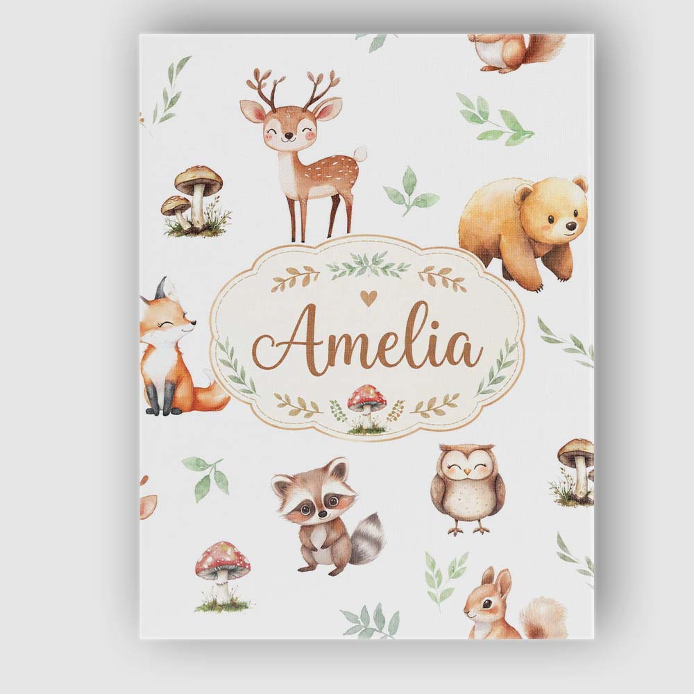 Personalised Name Woodland Deer Bear Fox Custom Unique Gift Idea Elegant Feature Canvas Wall Art Print Decor Picture Ready to Hang