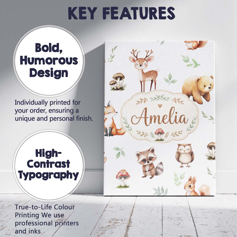 Personalised Name Woodland Deer Bear Fox Custom Unique Gift Idea Elegant Feature Canvas Wall Art Print Decor Picture Ready to Hang