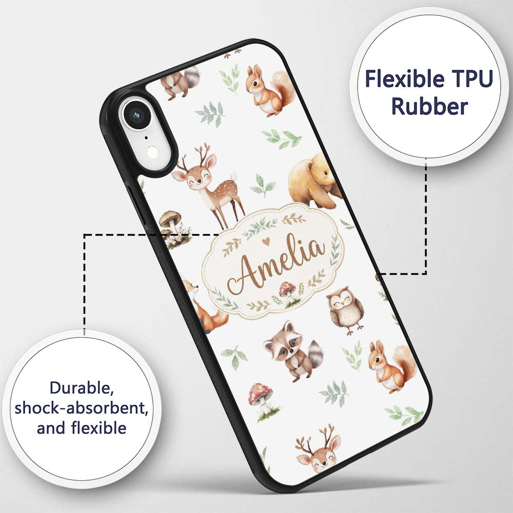 Woodland Deer Bear Fox Owl Raccoon Printed Design Custom Name Protective Phone Case Mobile Cover Durable Everyday Smartphone Shock Resistant