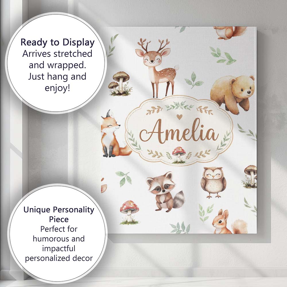 Personalised Name Woodland Deer Bear Fox Custom Unique Gift Idea Elegant Feature Canvas Wall Art Print Decor Picture Ready to Hang