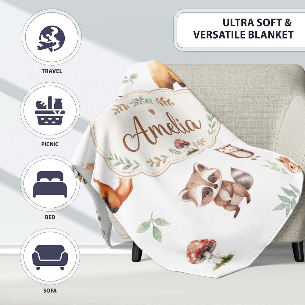 Woodland Deer Bear Fox Owl Raccoon Leaves Mushrooms Light Grey Personalised Custom Name Super Soft Fleece Blanket Bed Sofa Throw