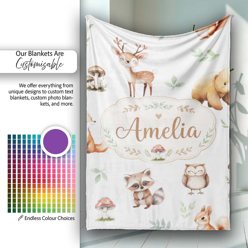 Woodland Deer Bear Fox Owl Raccoon Leaves Mushrooms Light Grey Personalised Custom Name Super Soft Fleece Blanket Bed Sofa Throw