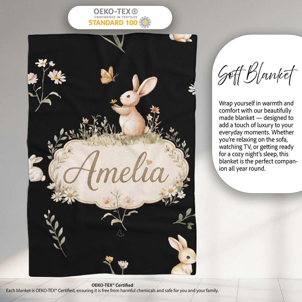 Bunny Rabbits Flowers Butterflies Meadow Soft White Seamless Personalised Custom Name Super Soft Fleece Blanket Bed Sofa Throw