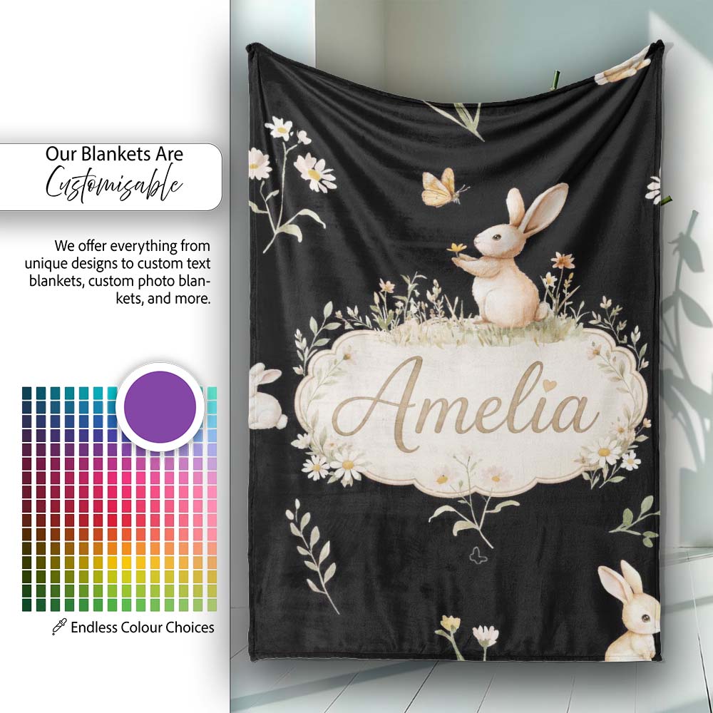 Bunny Rabbits Flowers Butterflies Meadow Soft White Seamless Personalised Custom Name Super Soft Fleece Blanket Bed Sofa Throw