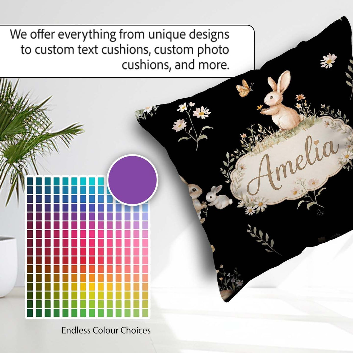 Custom Name Bunny Rabbits Butterflies Meadow Soft White Seamless Square Filled Cushion Throw Pillow Sofa Bed Home Decor Zip Washable UK Made