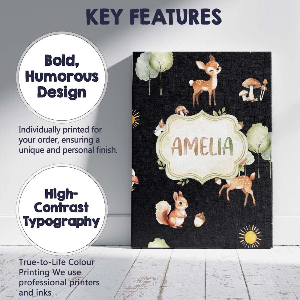 Personalised Name Woodland Deer Fox Trees Custom Unique Gift Idea Elegant Feature Canvas Wall Art Print Decor Picture Ready to Hang
