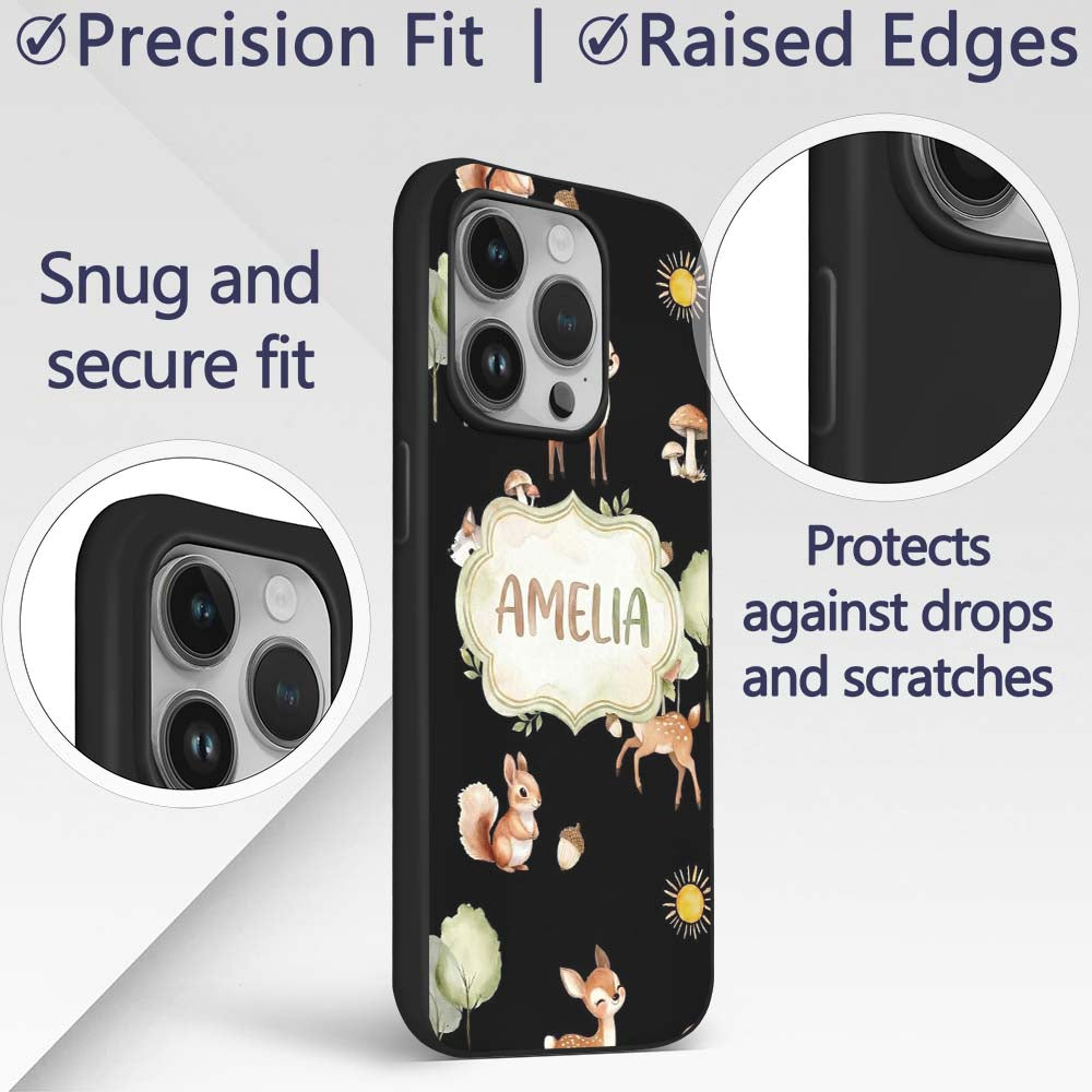 Woodland Deer Fox Trees Mushrooms Sun Animals Custom Name Protective Phone Case Mobile Cover Durable Everyday Smartphone Shock Resistant