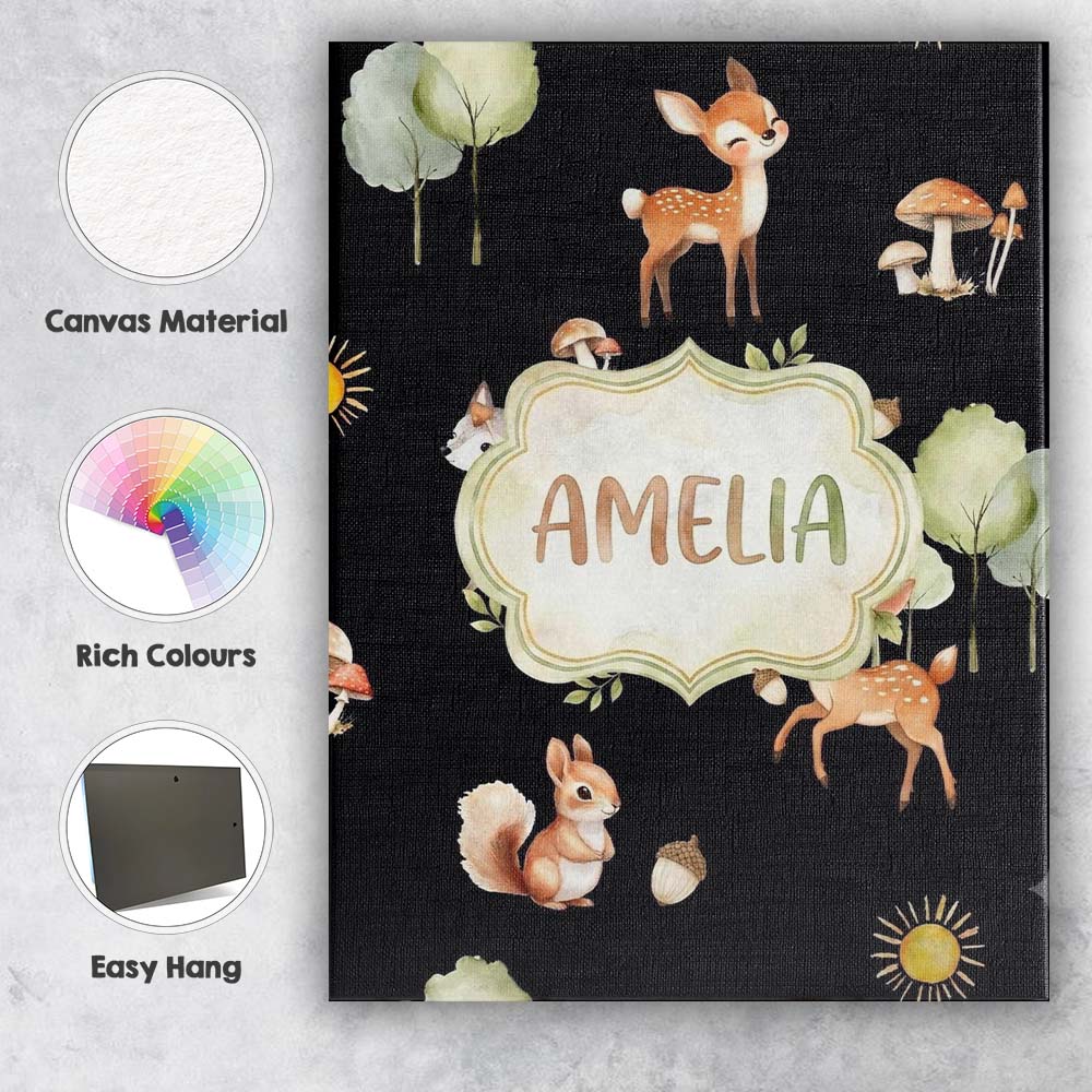 Personalised Name Woodland Deer Fox Trees Custom Unique Gift Idea Elegant Feature Canvas Wall Art Print Decor Picture Ready to Hang