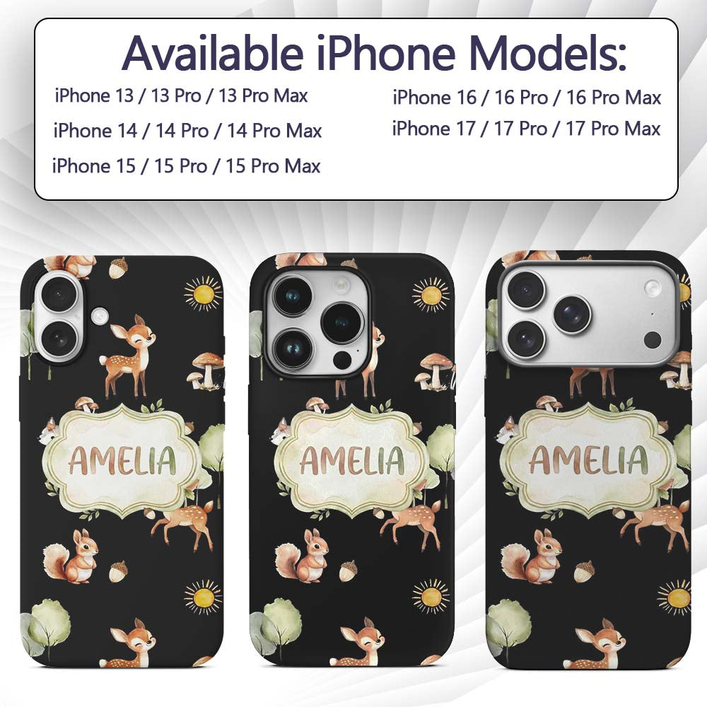 Woodland Deer Fox Trees Mushrooms Sun Animals Custom Name Protective Phone Case Mobile Cover Durable Everyday Smartphone Shock Resistant