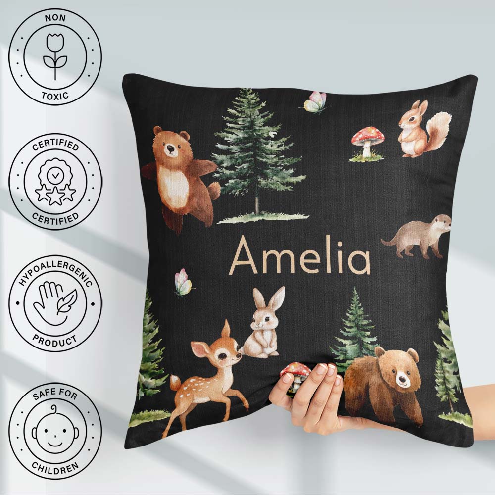 Custom Name Woodland Animals Bear Deer Bunny Mushrooms Butterfly Square Filled Cushion Throw Pillow Sofa Bed Home Decor Zip Washable UK Made