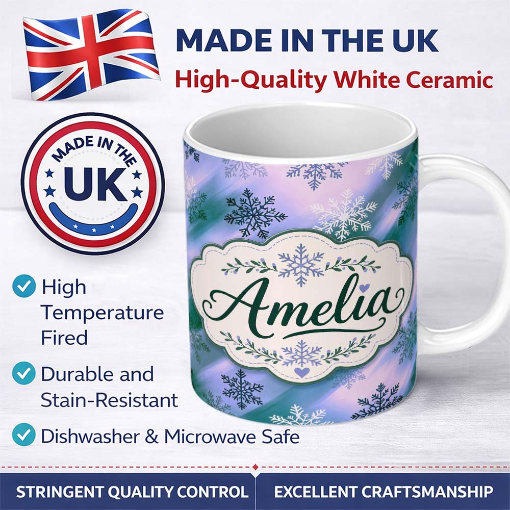 Personalized Custom Name Abstract Snowflake Gradient Winter Seamless Pattern Cute Unique Gift 11oz Ceramic Coffee Tea Mug White Large Handle