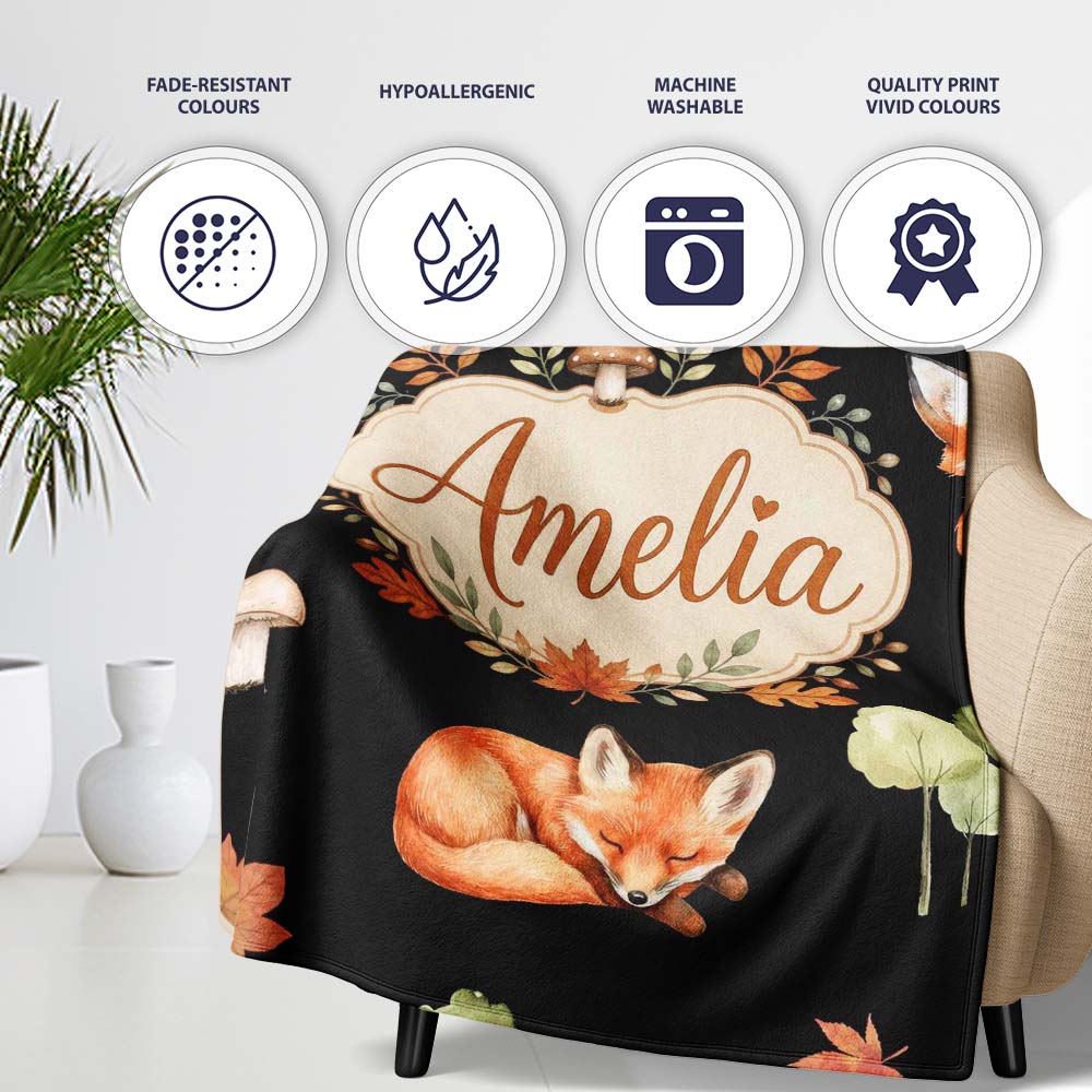 Cute Forest Fox Autumn Leaves Trees Mushrooms Woodland Animals Personalised Custom Name Super Soft Fleece Blanket Bed Sofa Throw