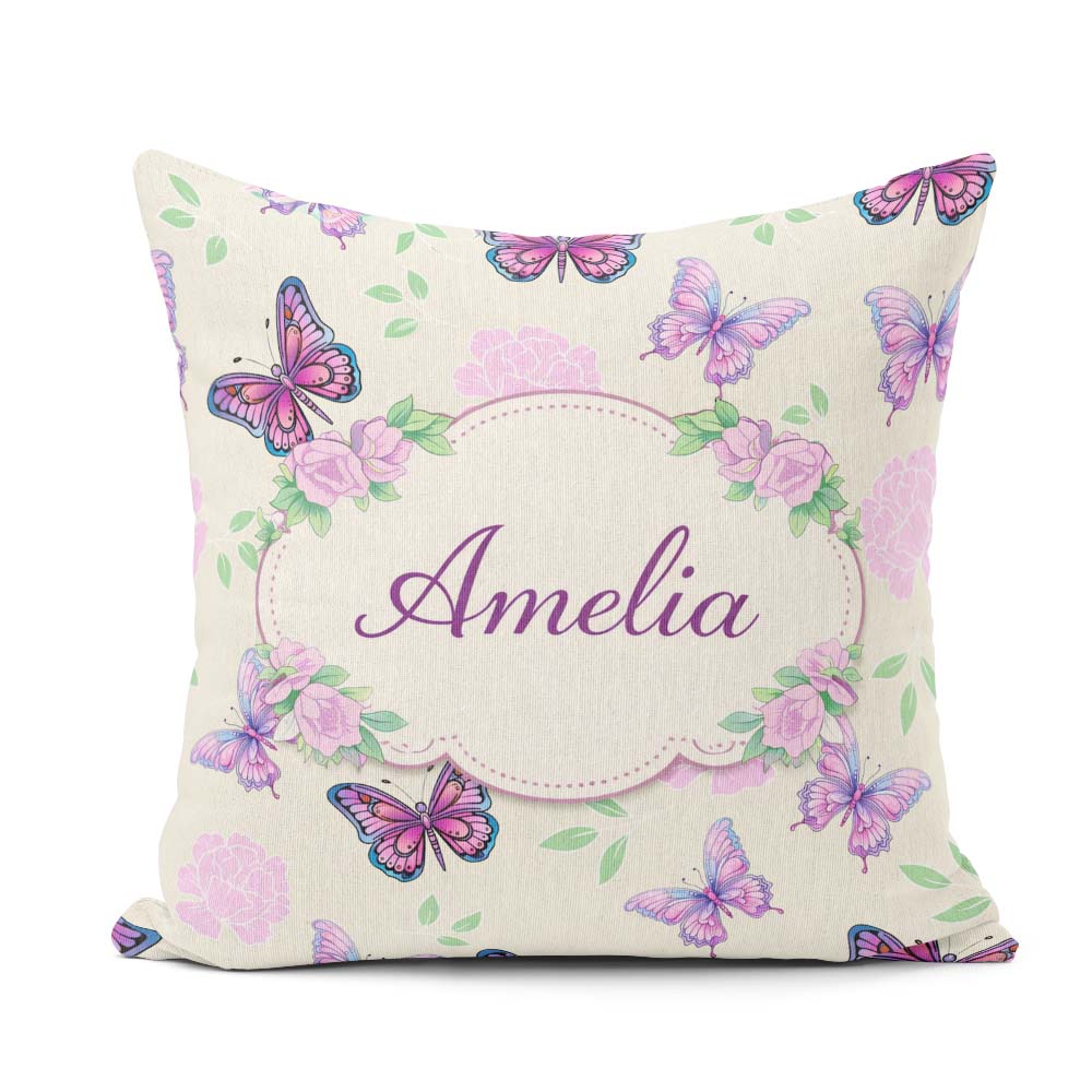 Custom Name Pink Purple Floral Beige Background Seamless Pattern Square Filled Cushion Throw Pillow Sofa Bed Home Decor Zip Washable UK Made