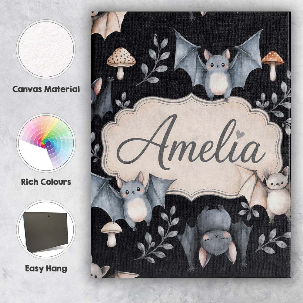 Personalised Name Cute Halloween Bats Custom Modern Room Accent Creative Decorator Style Canvas Wall Art Print Decor Picture Ready to Hang