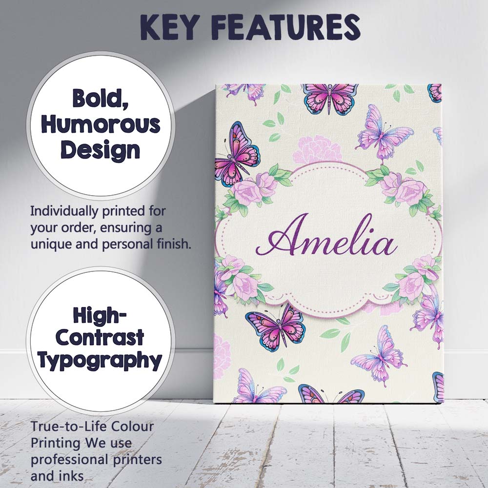 Personalised Name Pink Purple Butterfly Floral Beige Background Custom Statement Canvas Wall Art Print Decor Picture Ready to Hang