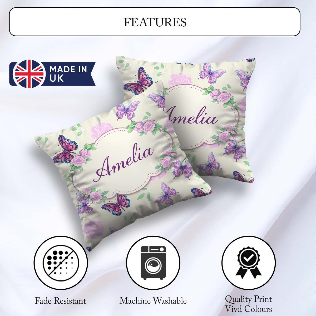 Custom Name Pink Purple Floral Beige Background Seamless Pattern Square Filled Cushion Throw Pillow Sofa Bed Home Decor Zip Washable UK Made