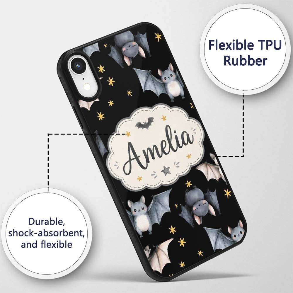 Cute Halloween Bats Flying Yellow Stars Night Sky Custom Name Protective Phone Case Mobile Cover Durable Everyday Smartphone Shock Resistant
