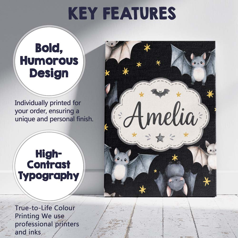 Personalised Name Cute Halloween Bats Custom Modern Room Accent Creative Decorator Style Canvas Wall Art Print Decor Picture Ready to Hang