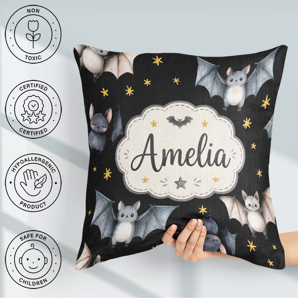 Custom Name Halloween Bats Flying Yellow Stars Night Sky Pattern Square Filled Cushion Throw Pillow Sofa Bed Home Decor Zip Washable UK Made