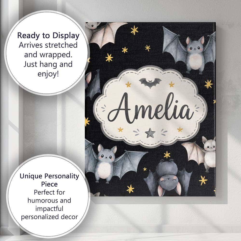 Personalised Name Cute Halloween Bats Custom Modern Room Accent Creative Decorator Style Canvas Wall Art Print Decor Picture Ready to Hang